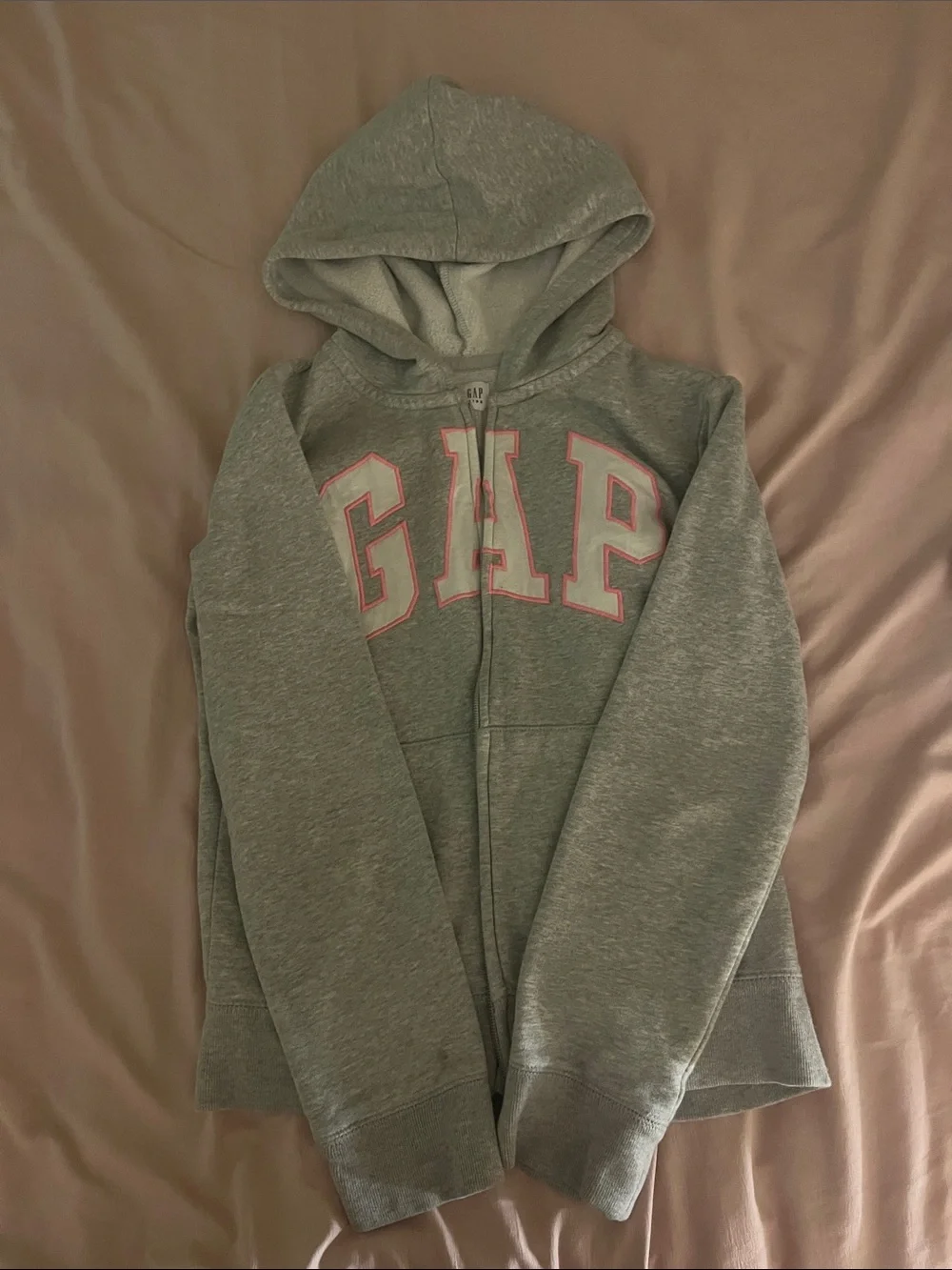 GAP Gray Zip Hoodie with Pink-Outlined Logo